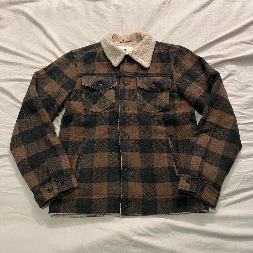 The Normal Brand Sherpa Jacket Size Small in Brown and Gray Check Wool Blend